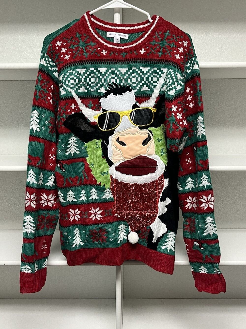 Celebrate Together Ugly Christmas Sweater With Cow And Beer Pocket - Size M